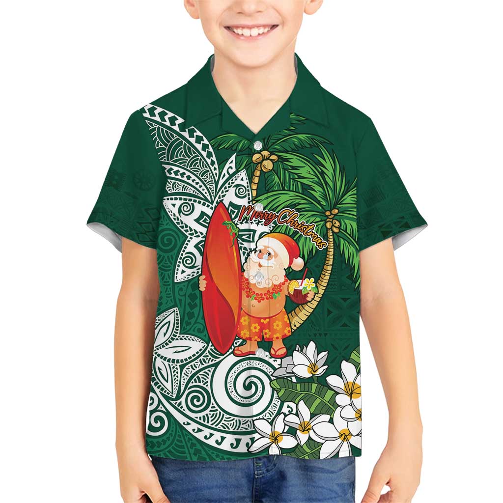 Polynesian Family Matching Long Sleeve Bodycon Dress and Hawaiian Shirt Tropical Santa - Plumeria Green Vintage LT7 Son's Shirt Green - Polynesian Pride