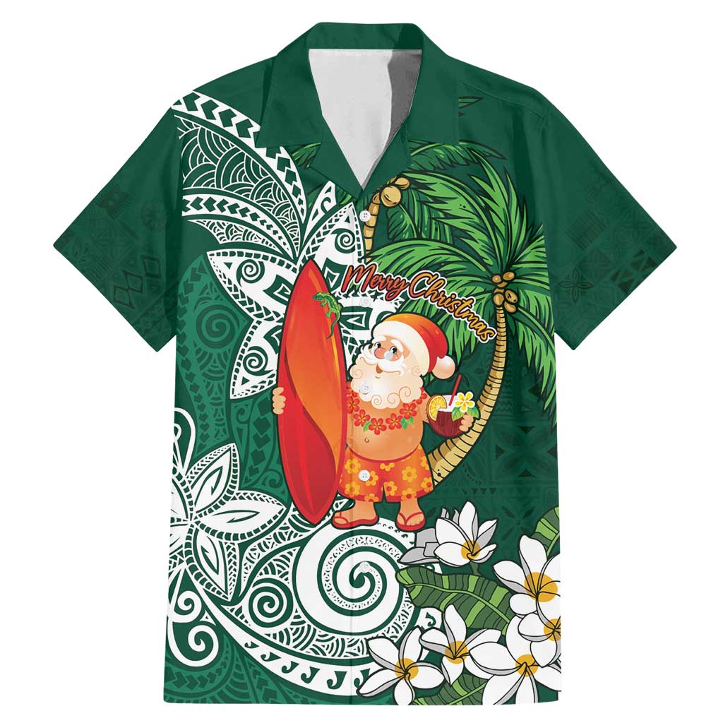 Polynesian Family Matching Mermaid Dress and Hawaiian Shirt Tropical Santa - Plumeria Green Vintage LT7 Dad's Shirt - Short Sleeve Green - Polynesian Pride