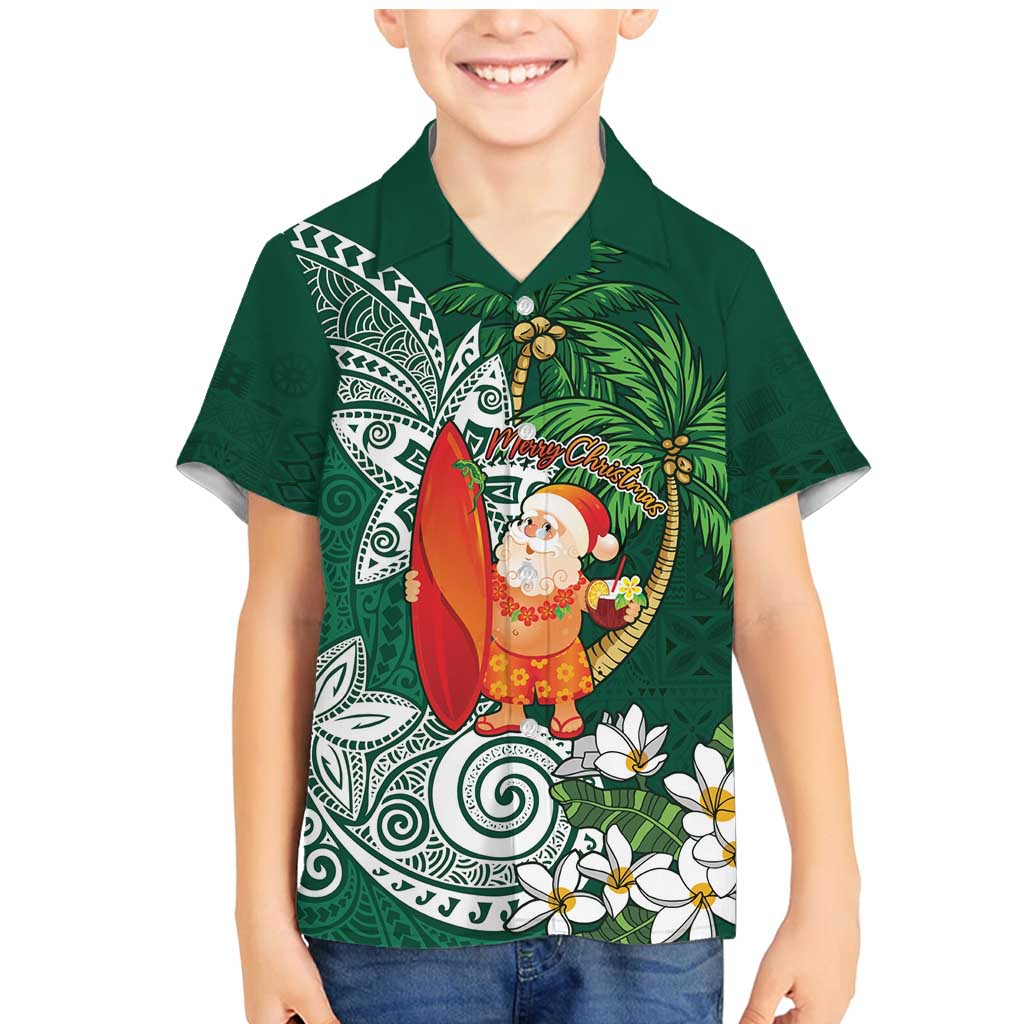 Polynesian Family Matching Mermaid Dress and Hawaiian Shirt Tropical Santa - Plumeria Green Vintage LT7 Son's Shirt Green - Polynesian Pride