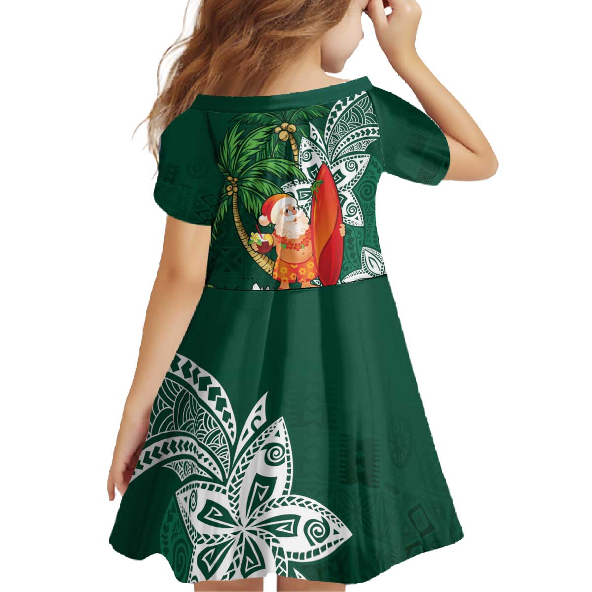 Polynesian Family Matching Off The Shoulder Long Sleeve Dress and Hawaiian Shirt Tropical Santa - Plumeria Green Vintage LT7 - Polynesian Pride