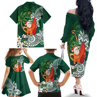 Polynesian Family Matching Off The Shoulder Long Sleeve Dress and Hawaiian Shirt Tropical Santa - Plumeria Green Vintage LT7 - Polynesian Pride