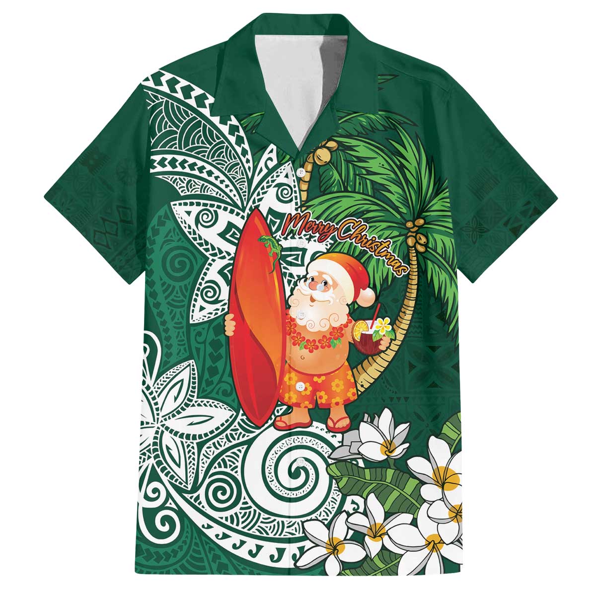 Polynesian Family Matching Off The Shoulder Long Sleeve Dress and Hawaiian Shirt Tropical Santa - Plumeria Green Vintage LT7 Dad's Shirt - Short Sleeve Green - Polynesian Pride