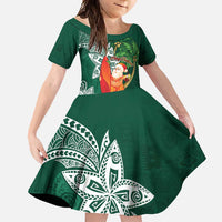 Polynesian Family Matching Off Shoulder Maxi Dress and Hawaiian Shirt Tropical Santa - Plumeria Green Vintage LT7 Daughter's Dress Green - Polynesian Pride