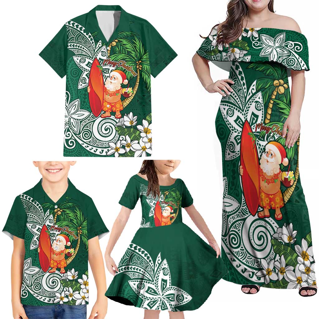 Polynesian Family Matching Off Shoulder Maxi Dress and Hawaiian Shirt Tropical Santa - Plumeria Green Vintage LT7 - Polynesian Pride