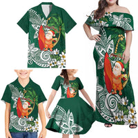 Polynesian Family Matching Off Shoulder Maxi Dress and Hawaiian Shirt Tropical Santa - Plumeria Green Vintage LT7 - Polynesian Pride