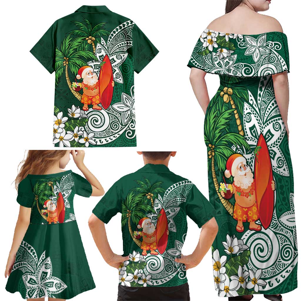 Polynesian Family Matching Off Shoulder Maxi Dress and Hawaiian Shirt Tropical Santa - Plumeria Green Vintage LT7 - Polynesian Pride
