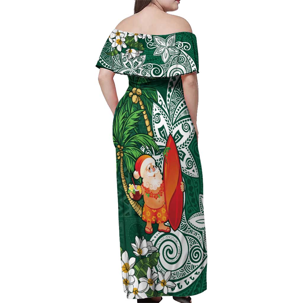 Polynesian Family Matching Off Shoulder Maxi Dress and Hawaiian Shirt Tropical Santa - Plumeria Green Vintage LT7 - Polynesian Pride