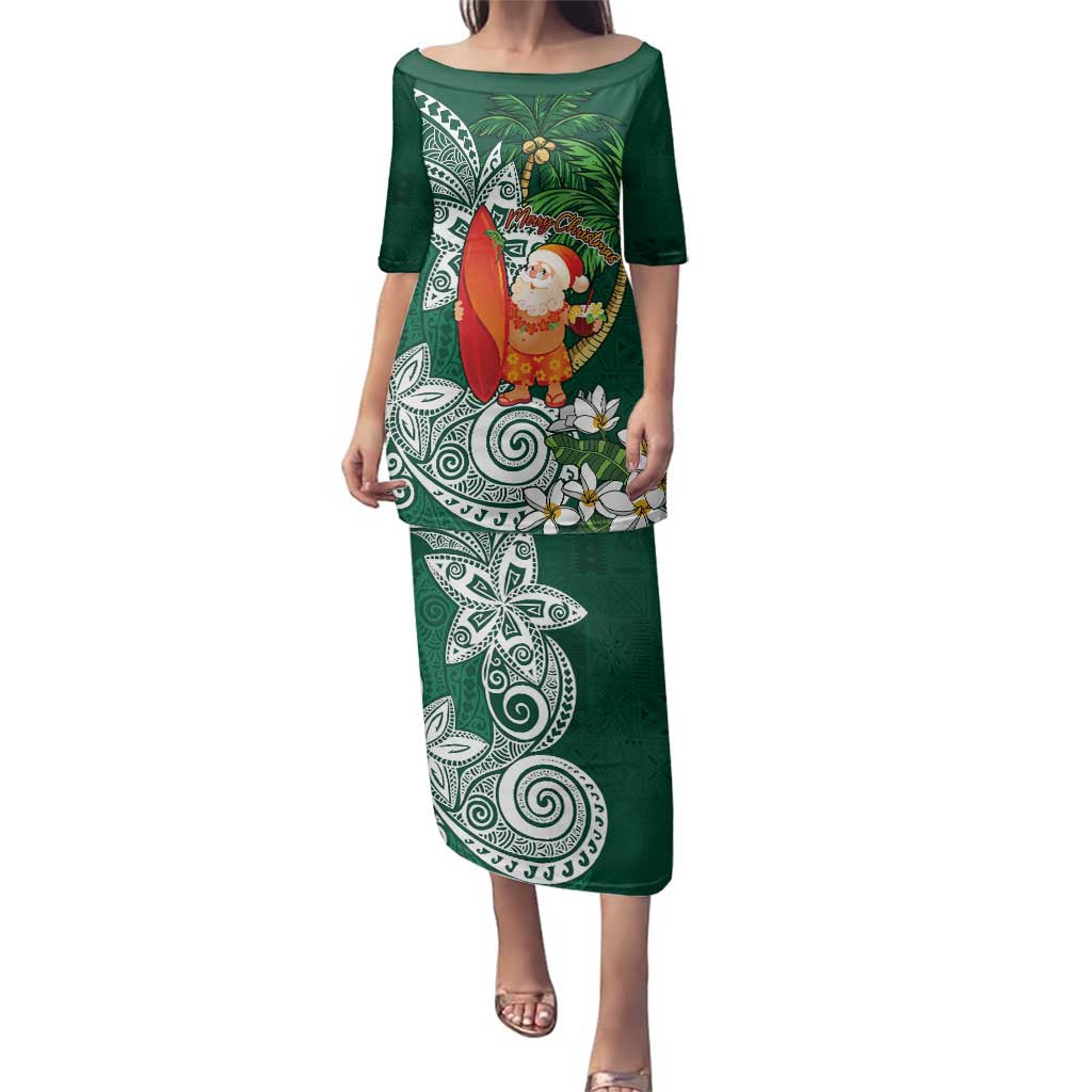 Polynesian Family Matching Puletasi and Hawaiian Shirt Tropical Santa - Plumeria Green Vintage LT7 Mom's Dress Green - Polynesian Pride