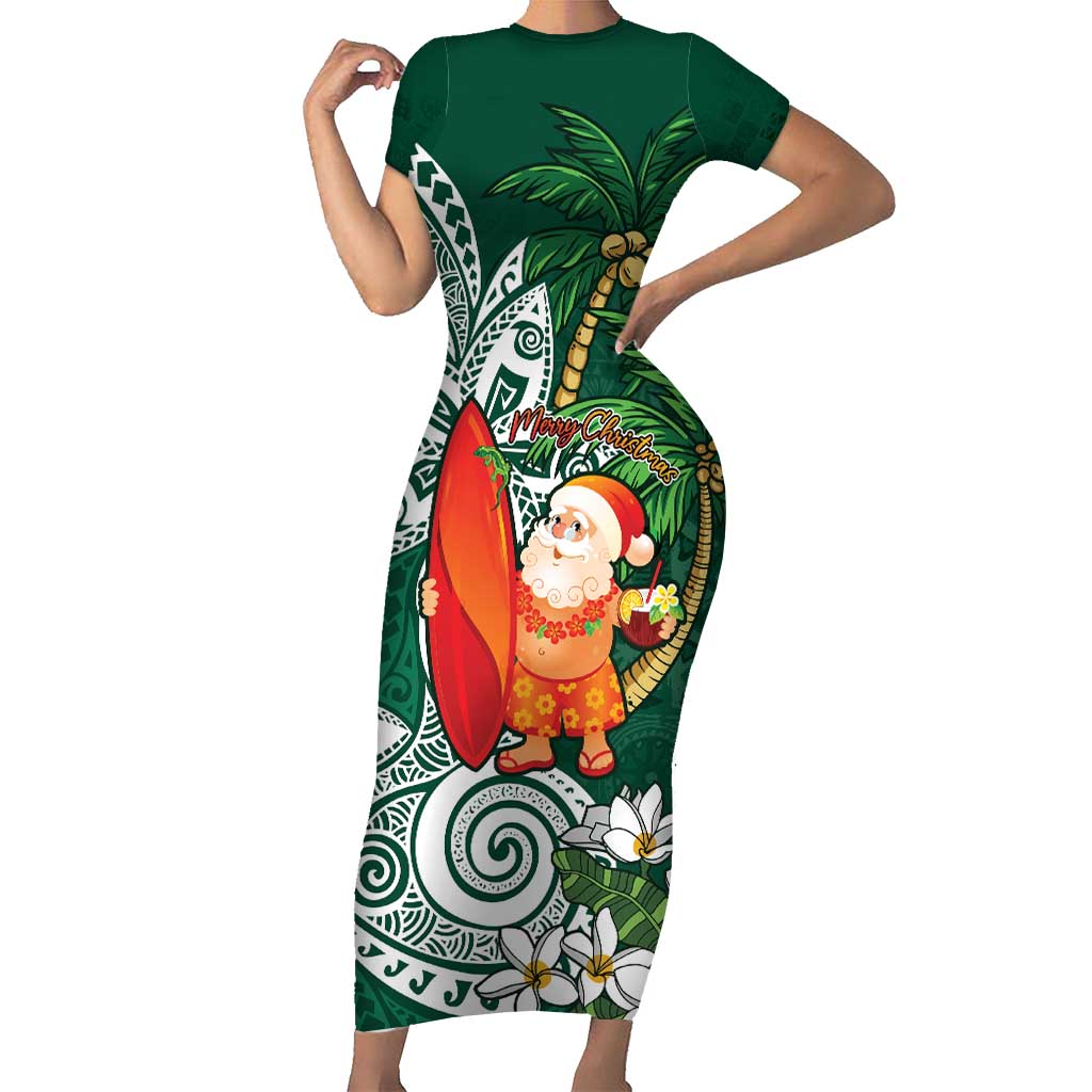 Polynesian Family Matching Short Sleeve Bodycon Dress and Hawaiian Shirt Tropical Santa - Plumeria Green Vintage LT7 Mom's Dress Green - Polynesian Pride