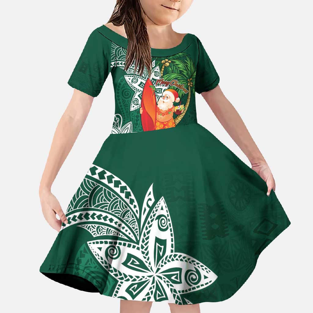 Polynesian Family Matching Summer Maxi Dress and Hawaiian Shirt Tropical Santa - Plumeria Green Vintage LT7 Daughter's Dress Green - Polynesian Pride