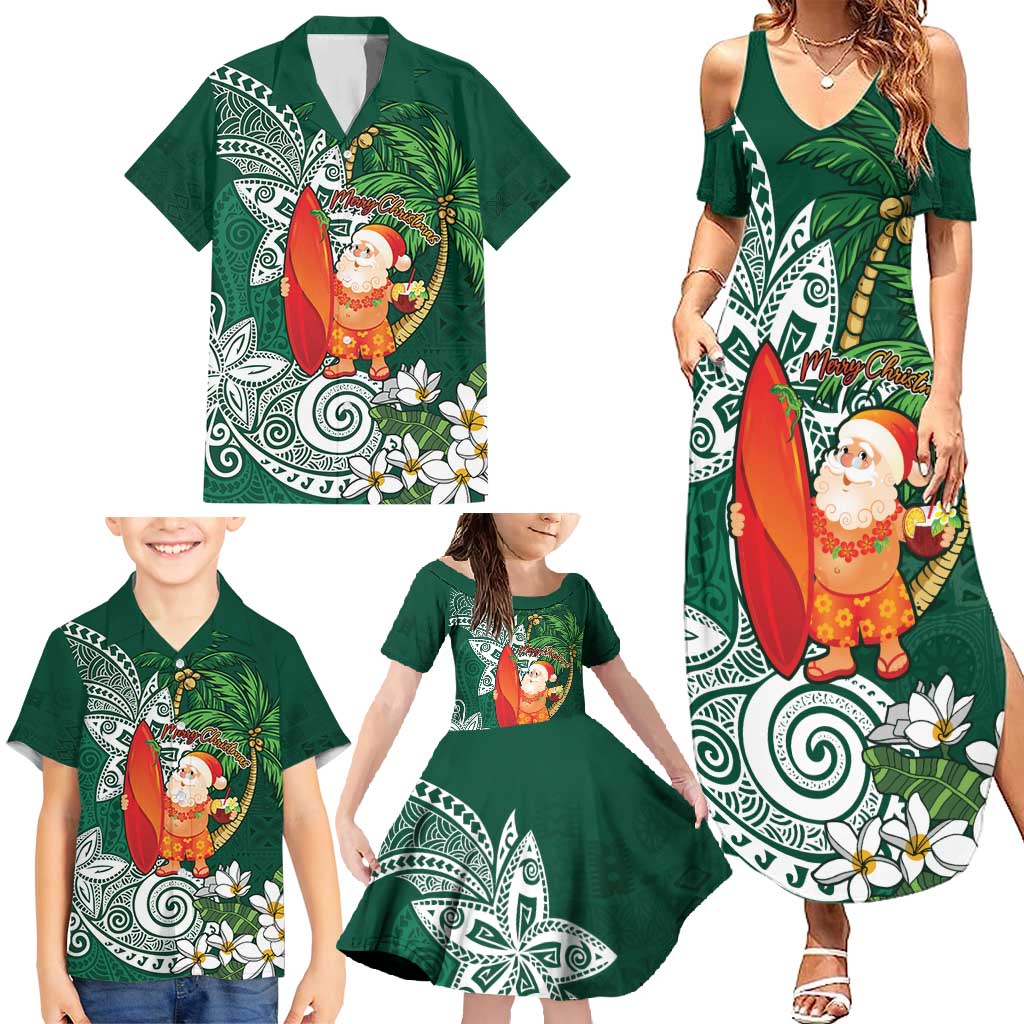 Polynesian Family Matching Summer Maxi Dress and Hawaiian Shirt Tropical Santa - Plumeria Green Vintage LT7 - Polynesian Pride
