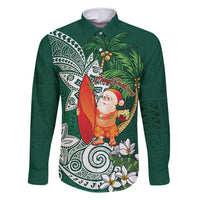 Polynesian Family Matching Summer Maxi Dress and Hawaiian Shirt Tropical Santa - Plumeria Green Vintage LT7 Dad's Shirt - Long Sleeve Green - Polynesian Pride
