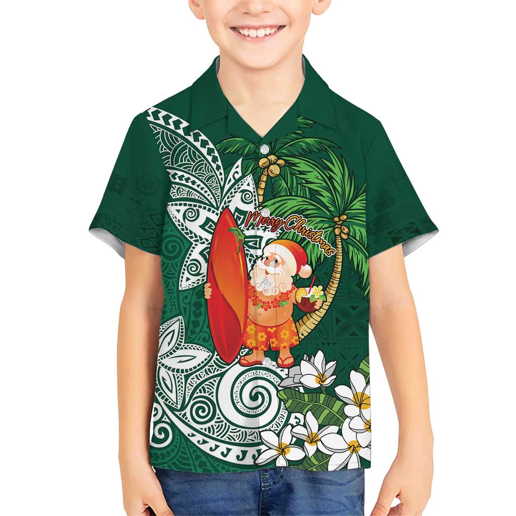 Polynesian Kid Hawaiian Shirt Tropical Santa - Plumeria Green Vintage
