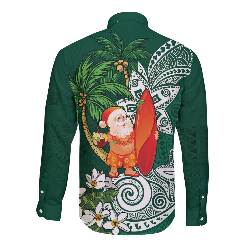 Polynesian Long Sleeve Button Shirt Tropical Santa - Plumeria Green Vintage