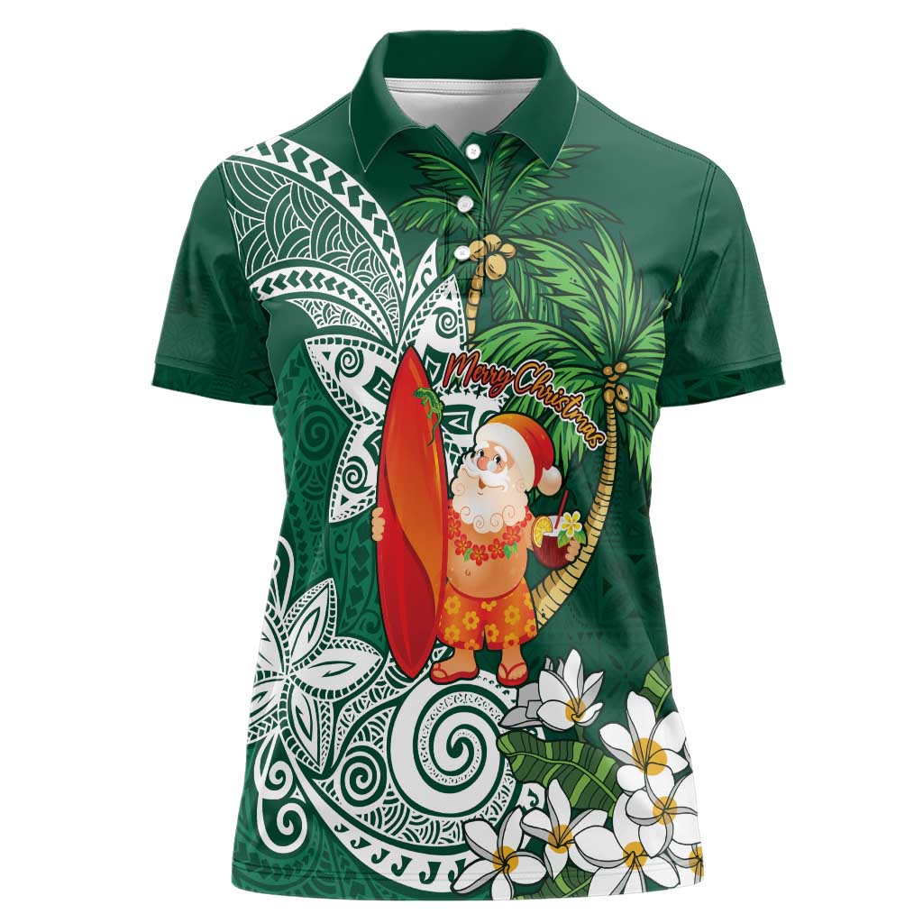 Polynesian Women Polo Shirt Tropical Santa - Plumeria Green Vintage LT7 Female Green - Polynesian Pride