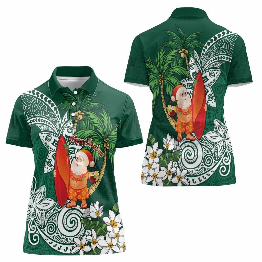 Polynesian Women Polo Shirt Tropical Santa - Plumeria Green Vintage LT7 - Polynesian Pride