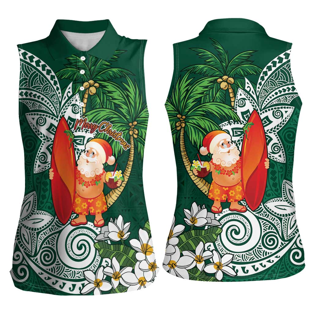 Polynesian Women Sleeveless Polo Shirt Tropical Santa - Plumeria Green Vintage LT7 - Polynesian Pride