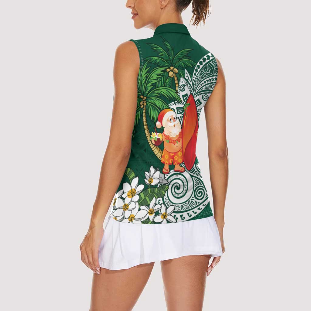 Polynesian Women Sleeveless Polo Shirt Tropical Santa - Plumeria Green Vintage LT7 - Polynesian Pride