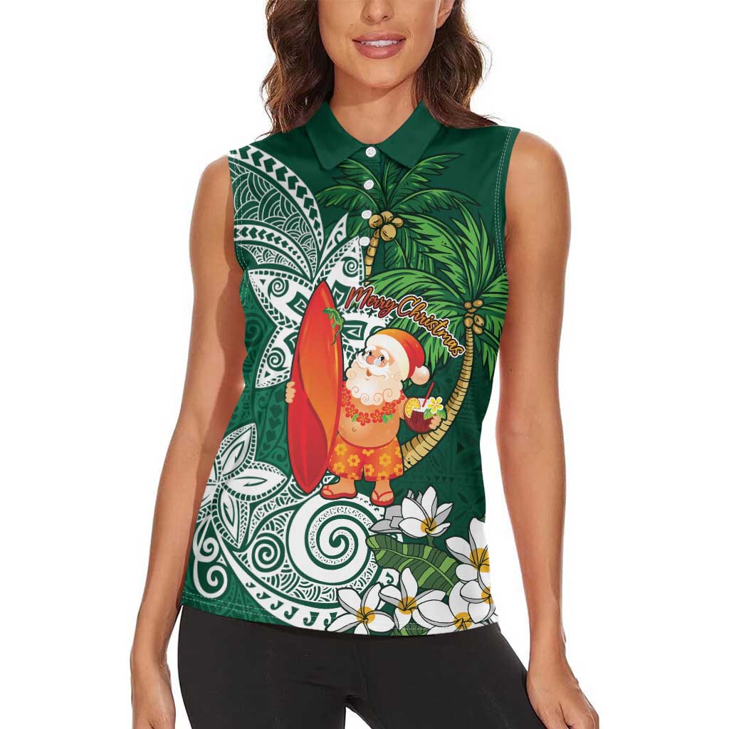 Polynesian Women Sleeveless Polo Shirt Tropical Santa - Plumeria Green Vintage LT7 - Polynesian Pride