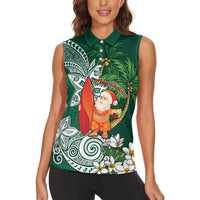 Polynesian Women Sleeveless Polo Shirt Tropical Santa - Plumeria Green Vintage LT7 - Polynesian Pride