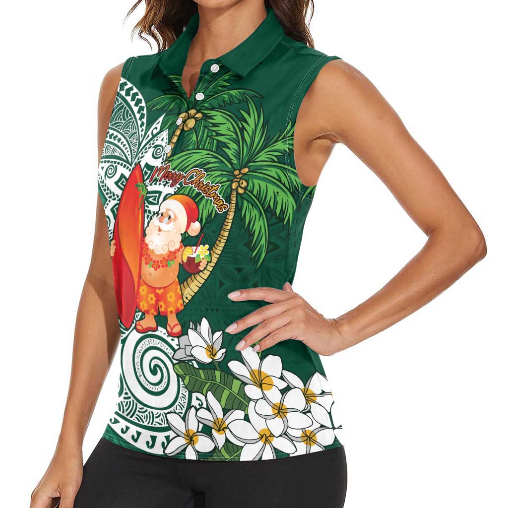 Polynesian Women Sleeveless Polo Shirt Tropical Santa - Plumeria Green Vintage LT7 - Polynesian Pride