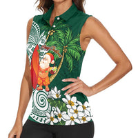 Polynesian Women Sleeveless Polo Shirt Tropical Santa - Plumeria Green Vintage LT7 - Polynesian Pride