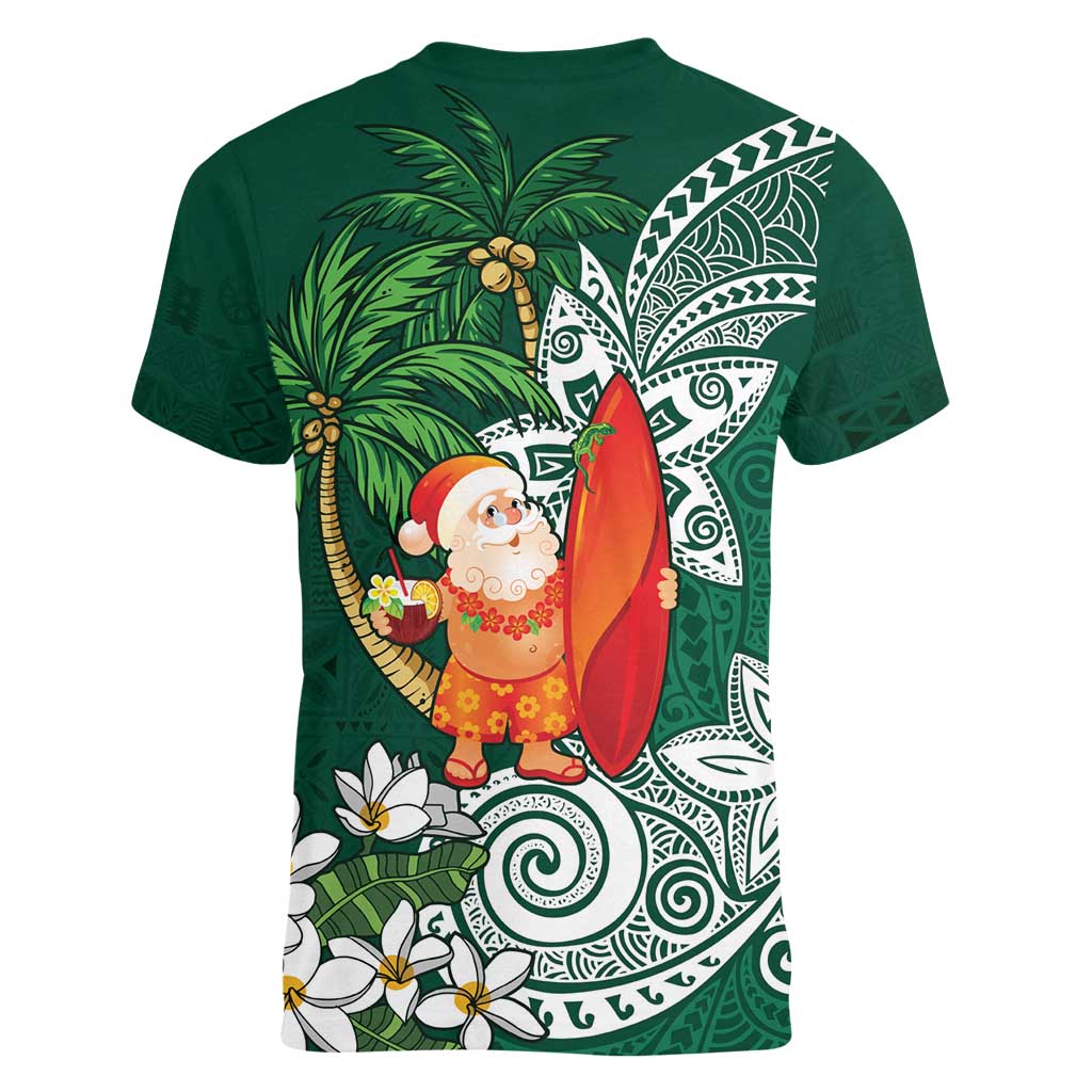 Polynesian Women V-Neck T-Shirt Tropical Santa - Plumeria Green Vintage LT7 - Polynesian Pride