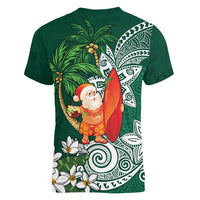 Polynesian Women V-Neck T-Shirt Tropical Santa - Plumeria Green Vintage LT7 - Polynesian Pride