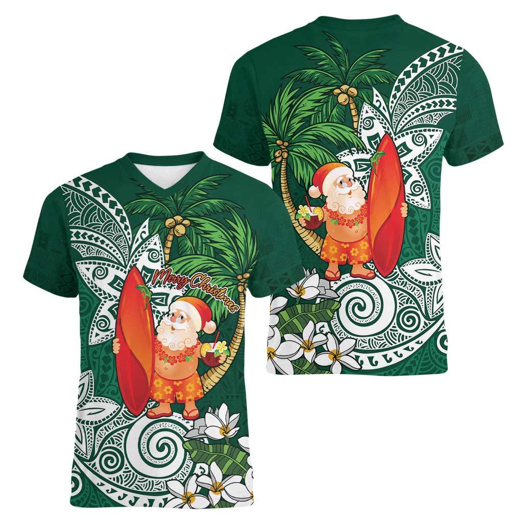 Polynesian Women V-Neck T-Shirt Tropical Santa - Plumeria Green Vintage LT7 - Polynesian Pride