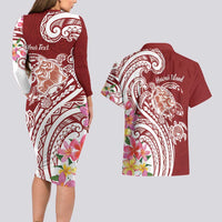 Aloha Hawaii Island Personalized Couples Matching Long Sleeve Bodycon Dress and Hawaiian Shirt Crimson Dreamy Turtle LT7 - Polynesian Pride