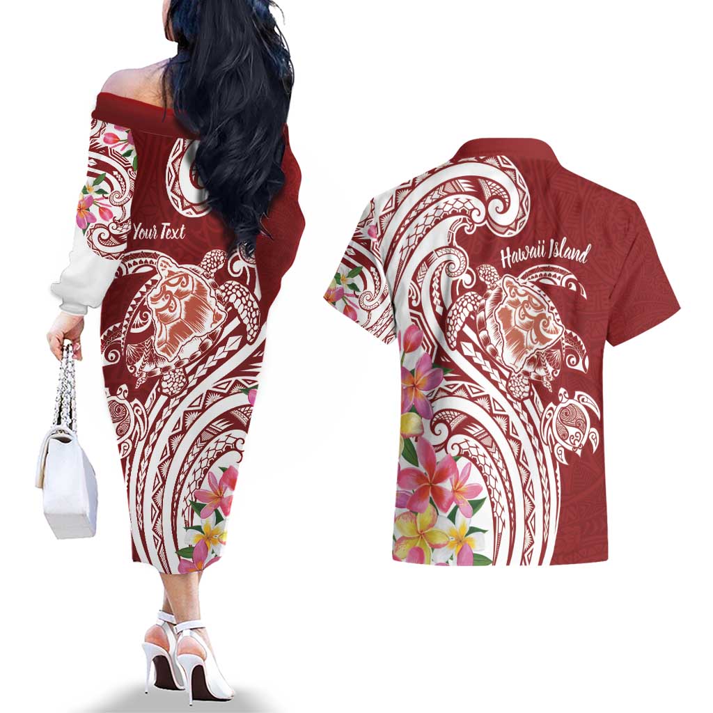 Aloha Hawaii Island Personalized Couples Matching Off The Shoulder Long Sleeve Dress and Hawaiian Shirt Crimson Dreamy Turtle LT7 - Polynesian Pride