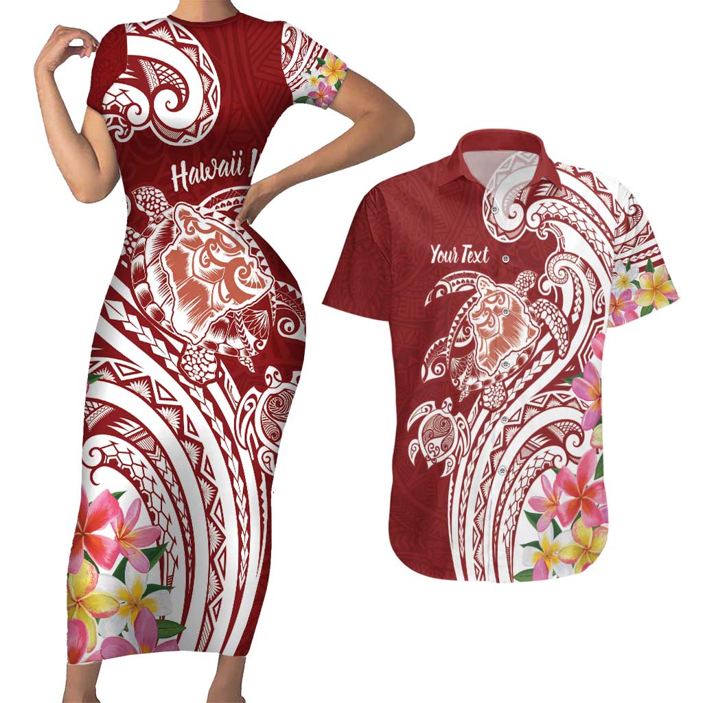Aloha Hawaii Island Personalized Couples Matching Short Sleeve Bodycon Dress and Hawaiian Shirt Crimson Dreamy Turtle LT7 Red - Polynesian Pride