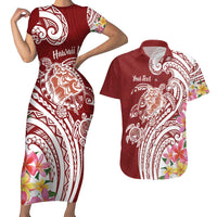 Aloha Hawaii Island Personalized Couples Matching Short Sleeve Bodycon Dress and Hawaiian Shirt Crimson Dreamy Turtle LT7 Red - Polynesian Pride