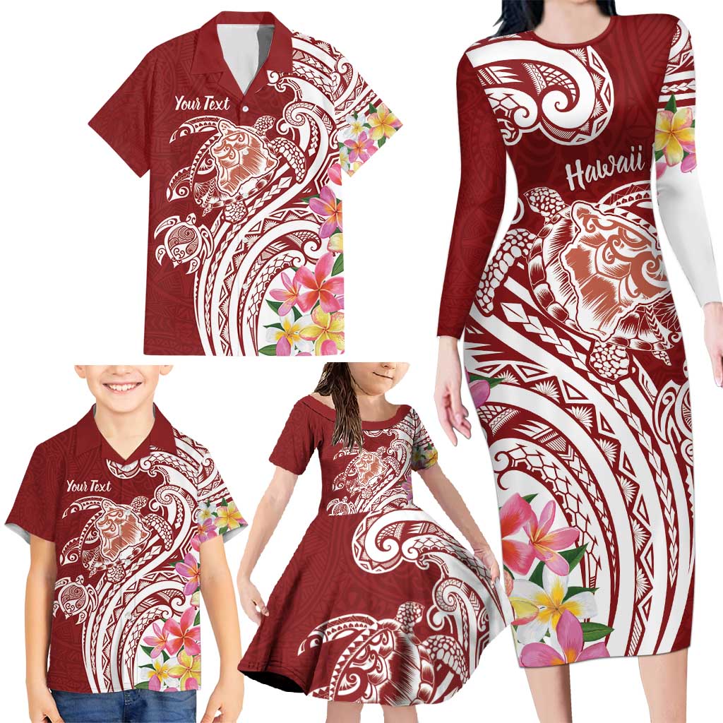 Aloha Hawaii Island Personalized Family Matching Long Sleeve Bodycon Dress and Hawaiian Shirt Crimson Dreamy Turtle LT7 - Polynesian Pride