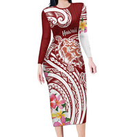 Aloha Hawaii Island Personalized Family Matching Long Sleeve Bodycon Dress and Hawaiian Shirt Crimson Dreamy Turtle LT7 Mom's Dress Red - Polynesian Pride