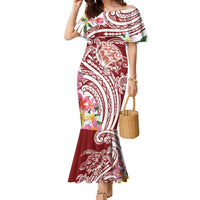 Aloha Hawaii Island Personalized Family Matching Mermaid Dress and Hawaiian Shirt Crimson Dreamy Turtle LT7 Mom's Dress Red - Polynesian Pride