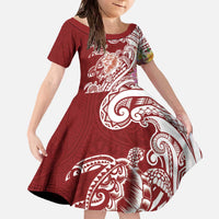 Aloha Hawaii Island Personalized Family Matching Off The Shoulder Long Sleeve Dress and Hawaiian Shirt Crimson Dreamy Turtle LT7 Daughter's Dress Red - Polynesian Pride