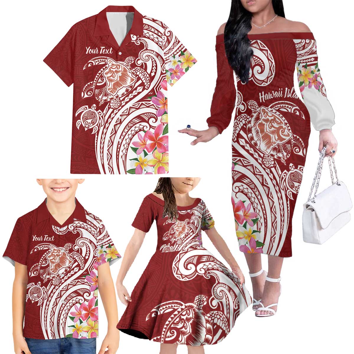 Aloha Hawaii Island Personalized Family Matching Off The Shoulder Long Sleeve Dress and Hawaiian Shirt Crimson Dreamy Turtle LT7 - Polynesian Pride