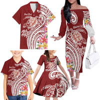 Aloha Hawaii Island Personalized Family Matching Off The Shoulder Long Sleeve Dress and Hawaiian Shirt Crimson Dreamy Turtle LT7 - Polynesian Pride