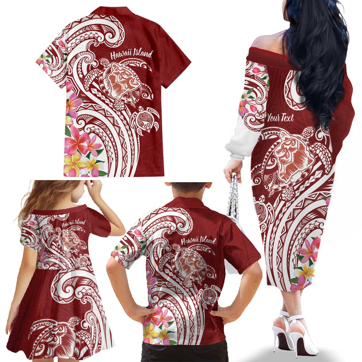 Aloha Hawaii Island Personalized Family Matching Off The Shoulder Long Sleeve Dress and Hawaiian Shirt Crimson Dreamy Turtle LT7 - Polynesian Pride