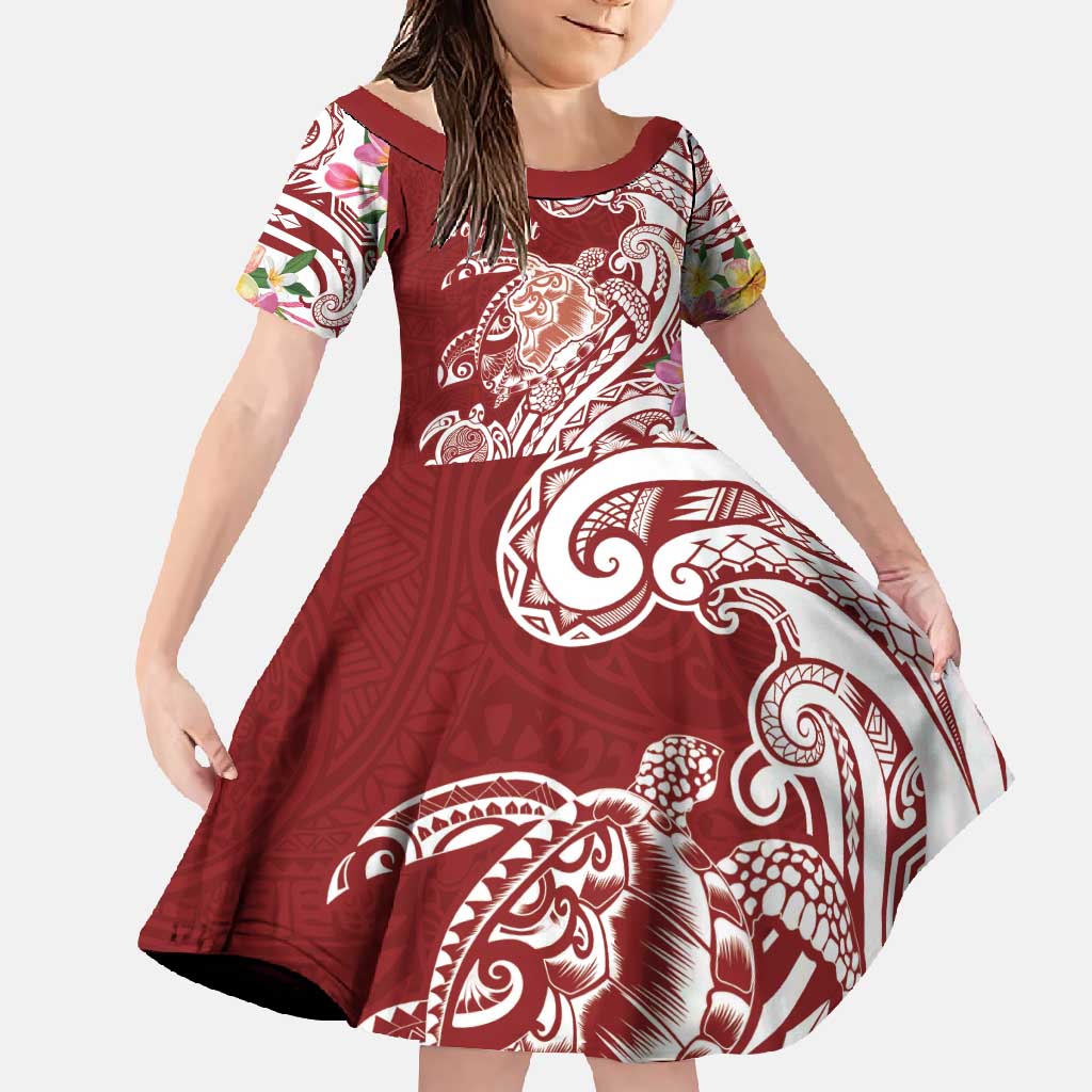 Aloha Hawaii Island Personalized Family Matching Off Shoulder Maxi Dress and Hawaiian Shirt Crimson Dreamy Turtle LT7 Daughter's Dress Red - Polynesian Pride