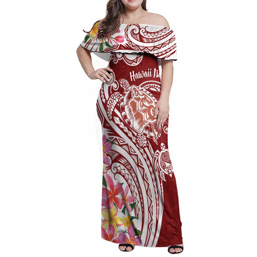 Aloha Hawaii Island Personalized Family Matching Off Shoulder Maxi Dress and Hawaiian Shirt Crimson Dreamy Turtle LT7 Mom's Dress Red - Polynesian Pride