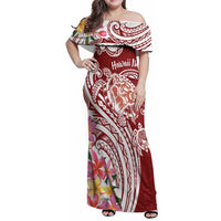 Aloha Hawaii Island Personalized Family Matching Off Shoulder Maxi Dress and Hawaiian Shirt Crimson Dreamy Turtle LT7 Mom's Dress Red - Polynesian Pride