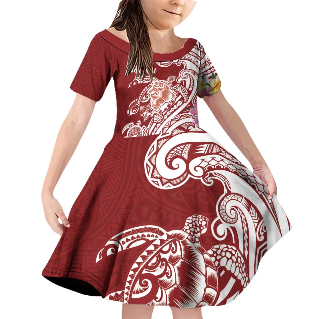 Aloha Hawaii Island Personalized Family Matching Off Shoulder Short Dress and Hawaiian Shirt Crimson Dreamy Turtle LT7 Daughter's Dress Red - Polynesian Pride