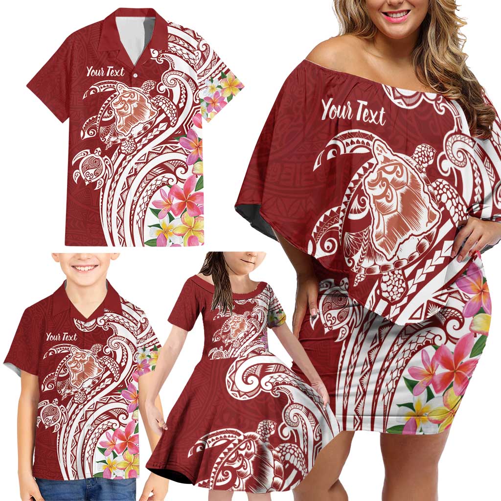 Aloha Hawaii Island Personalized Family Matching Off Shoulder Short Dress and Hawaiian Shirt Crimson Dreamy Turtle LT7 - Polynesian Pride