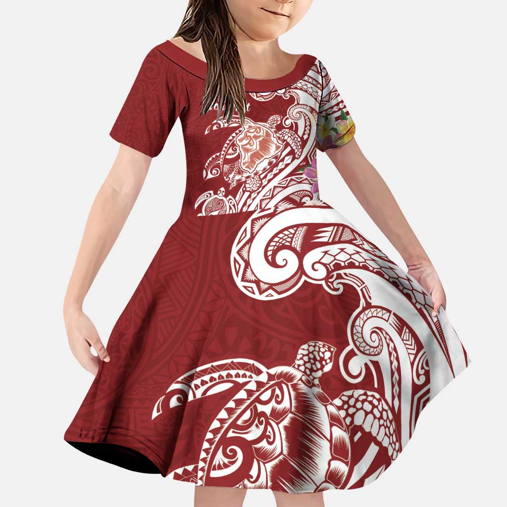 Aloha Hawaii Island Personalized Family Matching Puletasi and Hawaiian Shirt Crimson Dreamy Turtle LT7 Daughter's Dress Red - Polynesian Pride