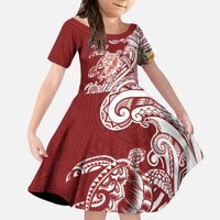 Aloha Hawaii Island Personalized Family Matching Short Sleeve Bodycon Dress and Hawaiian Shirt Crimson Dreamy Turtle LT7 Daughter's Dress Red - Polynesian Pride