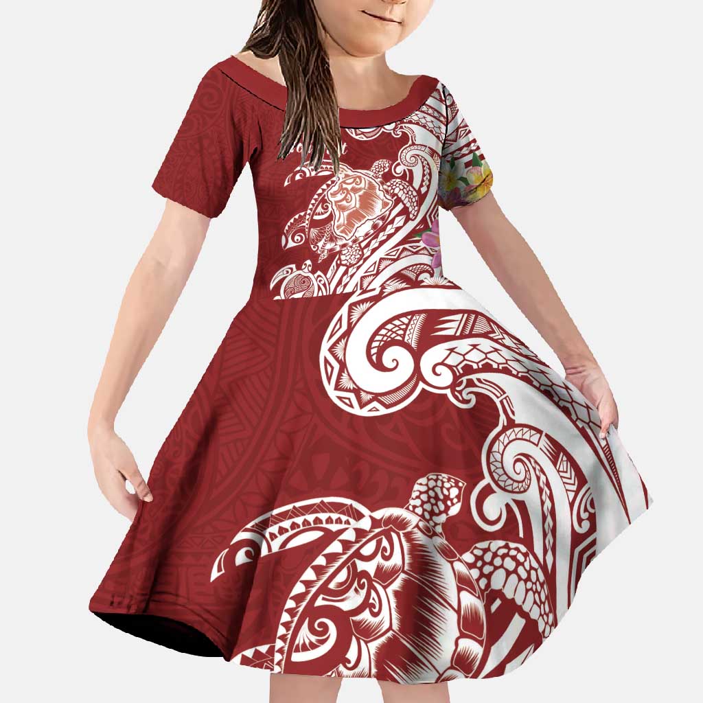 Aloha Hawaii Island Personalized Family Matching Summer Maxi Dress and Hawaiian Shirt Crimson Dreamy Turtle LT7 Daughter's Dress Red - Polynesian Pride
