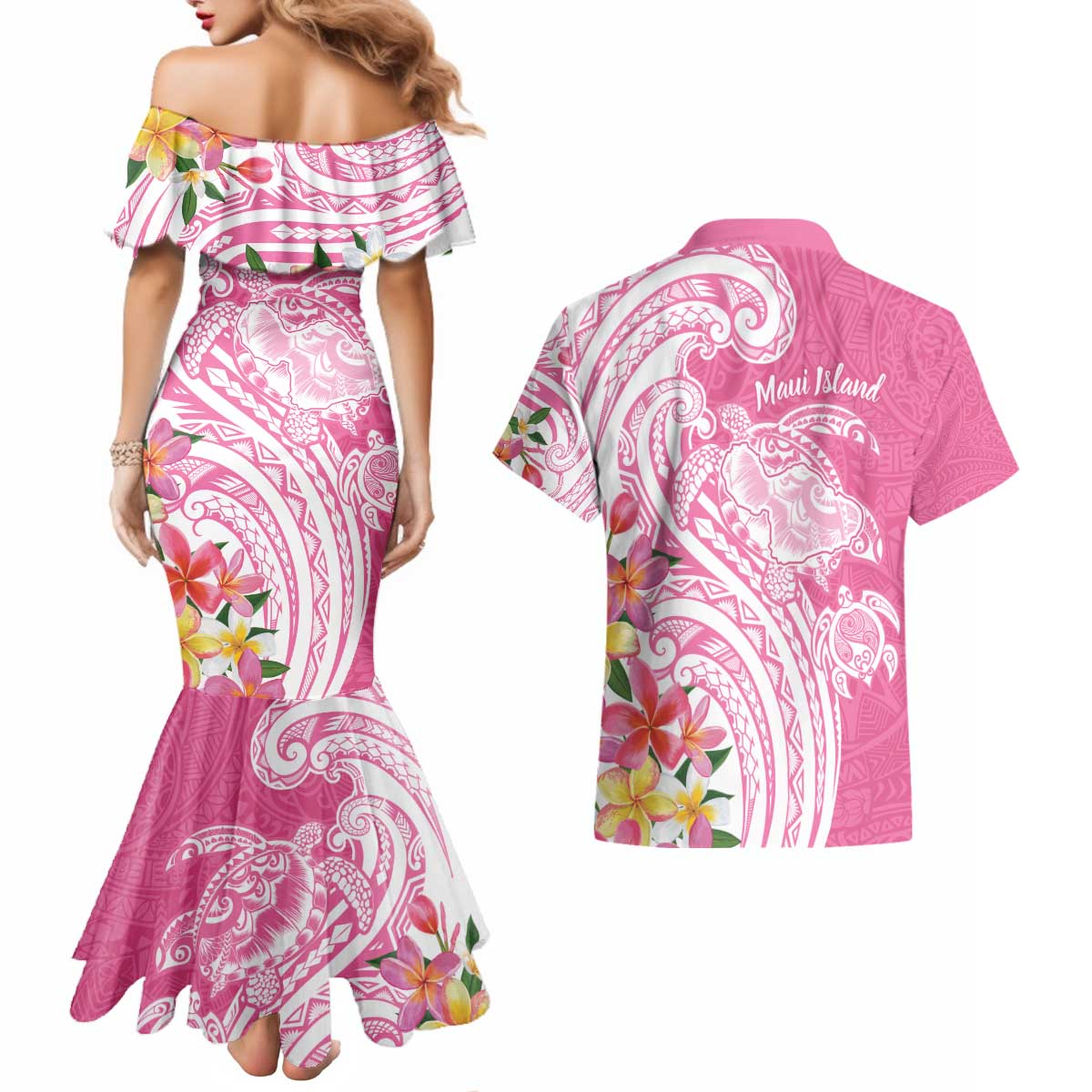 Aloha Maui Island Personalized Couples Matching Mermaid Dress and Hawaiian Shirt Rose Dreamy Turtle LT7 - Polynesian Pride