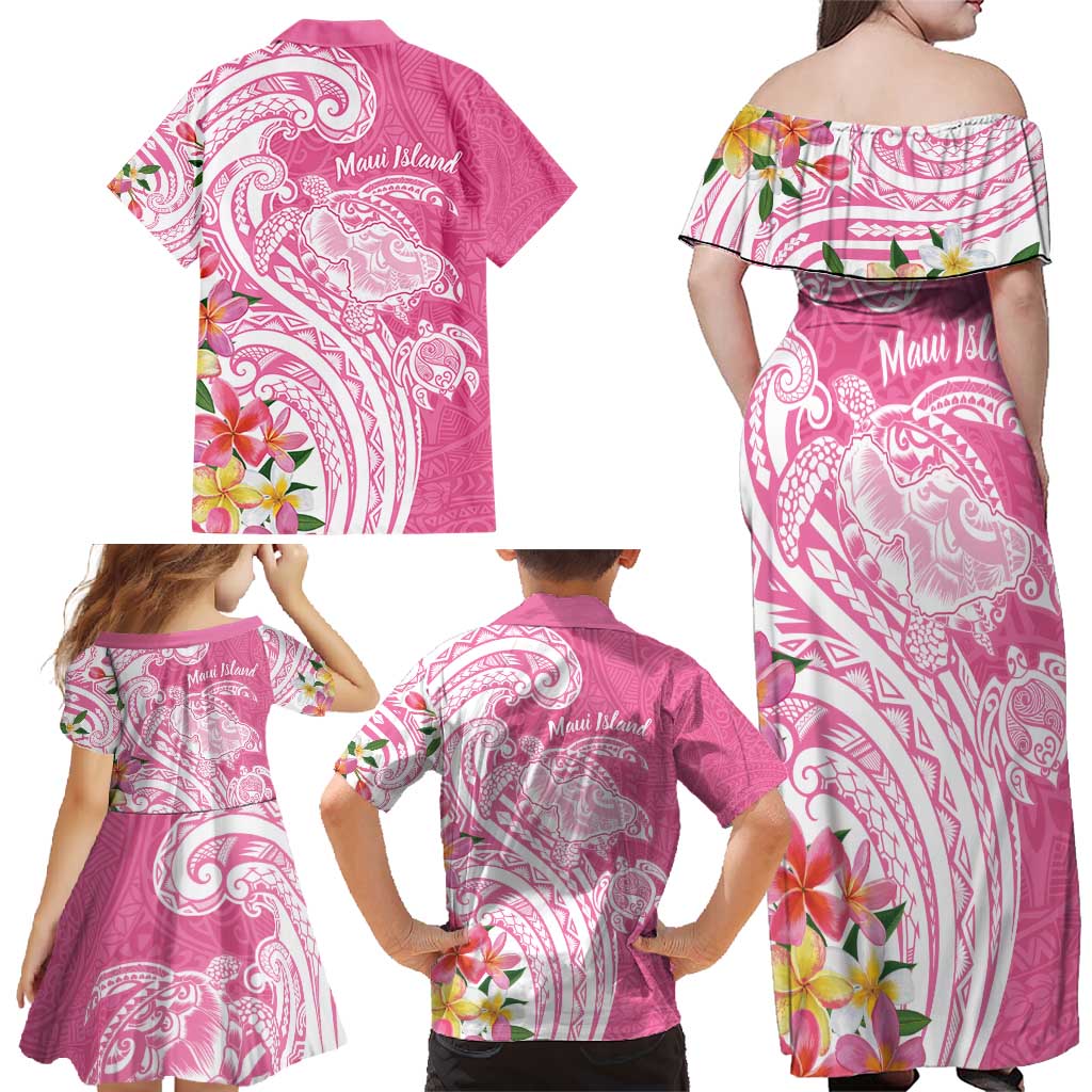 Aloha Maui Island Personalized Family Matching Off Shoulder Maxi Dress and Hawaiian Shirt Rose Dreamy Turtle LT7 - Polynesian Pride